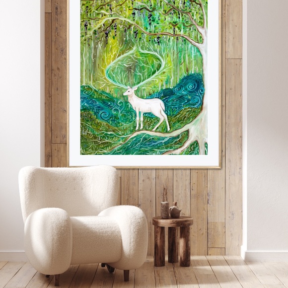 Sacred Stag Healing Forest Art Print Oil Painting whimsical fantasy fairycore - Picture 2 of 7